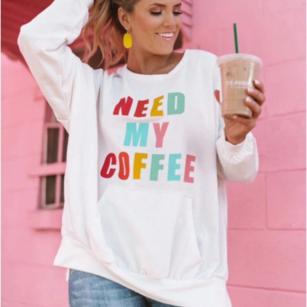 Luna Crew Neck Sweatshirt Need My Coffee in White - Picture 1 of 7